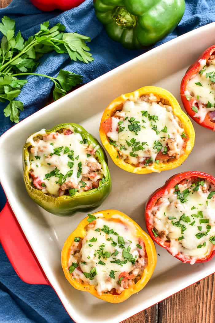 Overhead image of Italian Stuffed Peppers in a pan