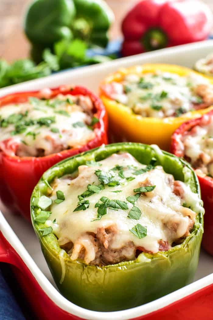 Multi-colored Italian Stuffed Peppers in a pan