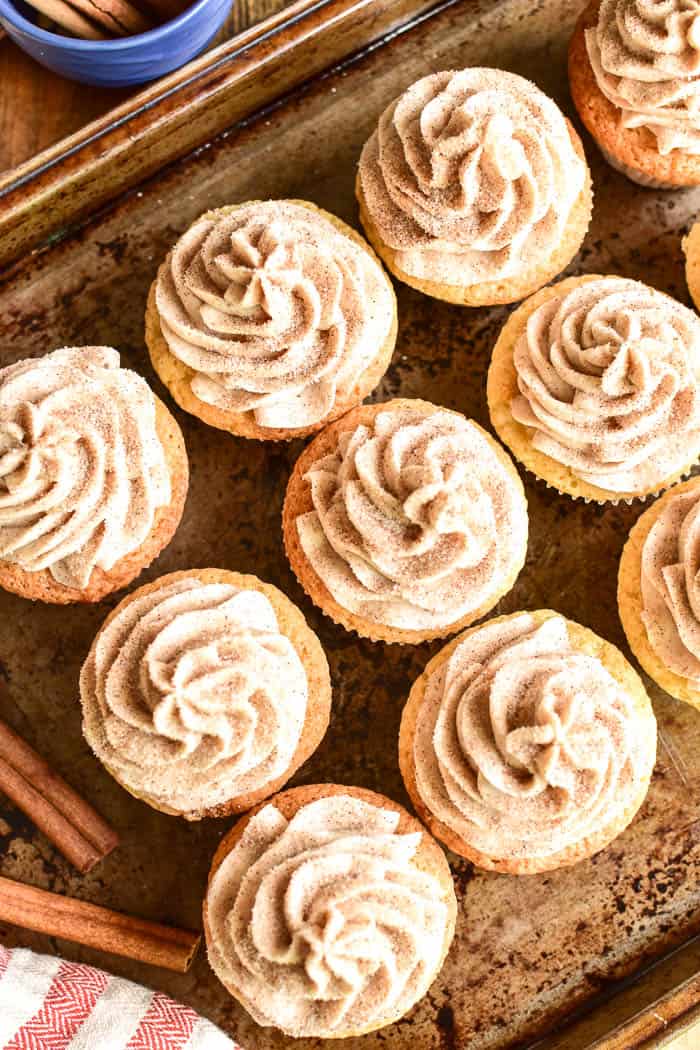 Overhead shot of Churro Cupcakes with cinnamon frosting