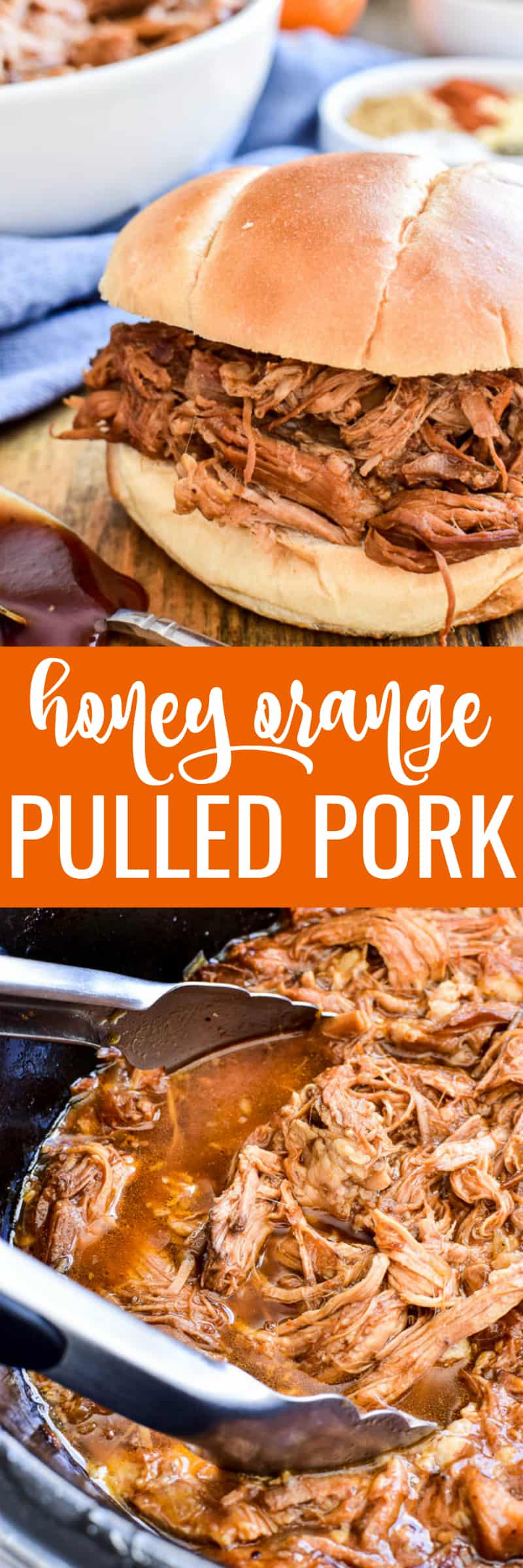 Collage image of Honey Orange Pulled Pork in slow cooker and sandwich