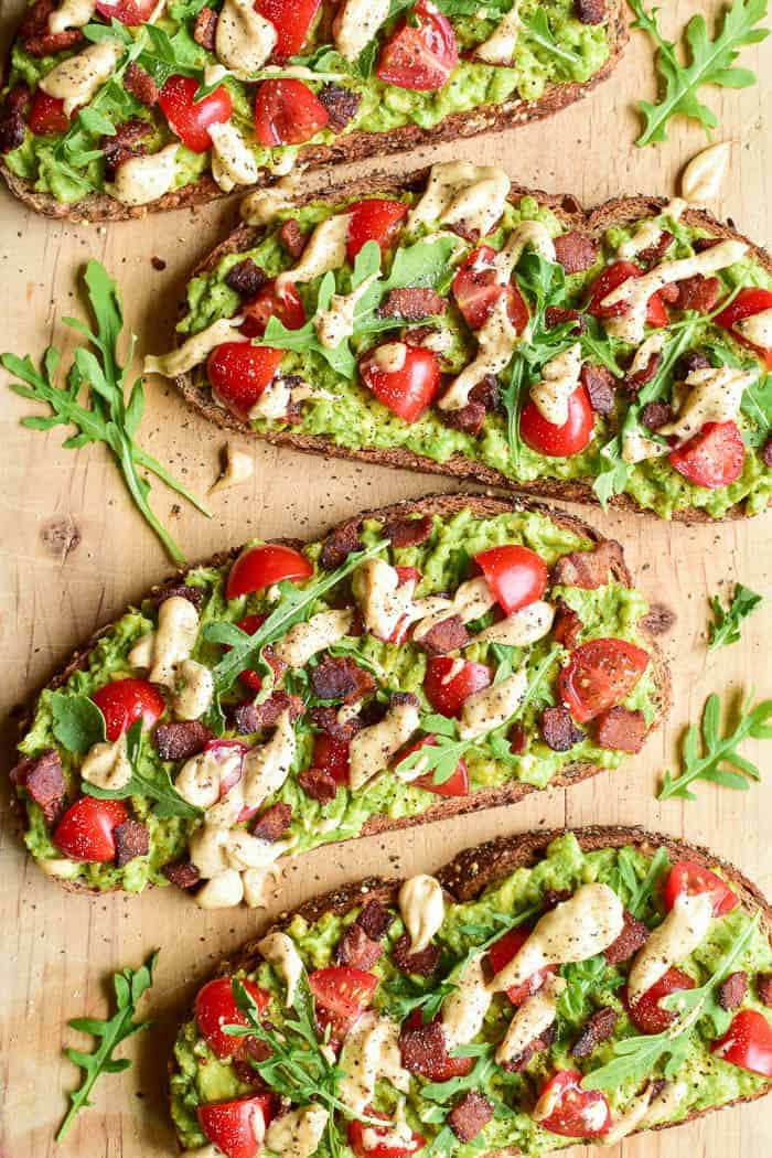 BLT Avocado Toast on wooden cutting board