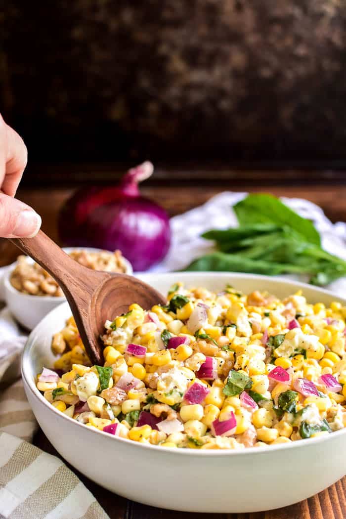 Fresh Corn Salad with serving spoon