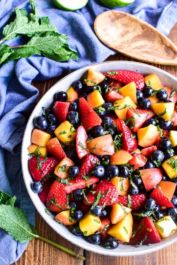 Overhead image of Mojito Fruit Salad in a serving bowl