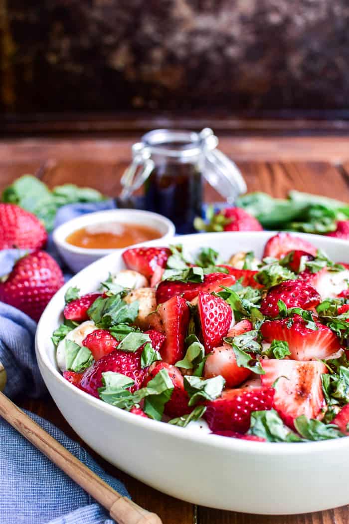 Strawberry Caprese Salad in a serving bowl