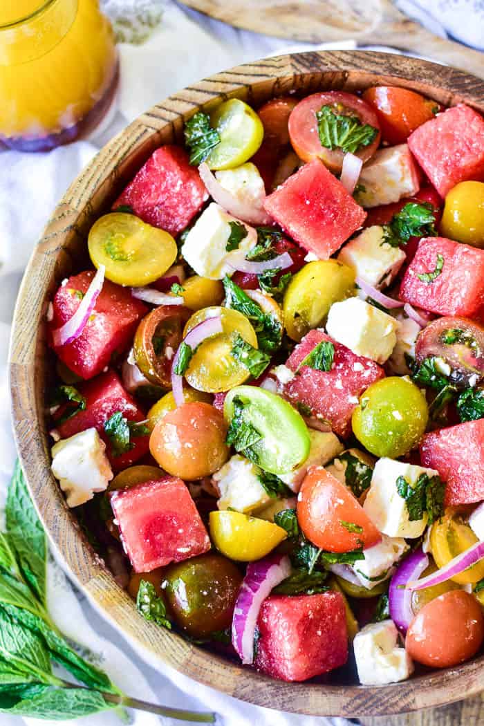 Bowl of Watermelon Feta Salad with fresh mint