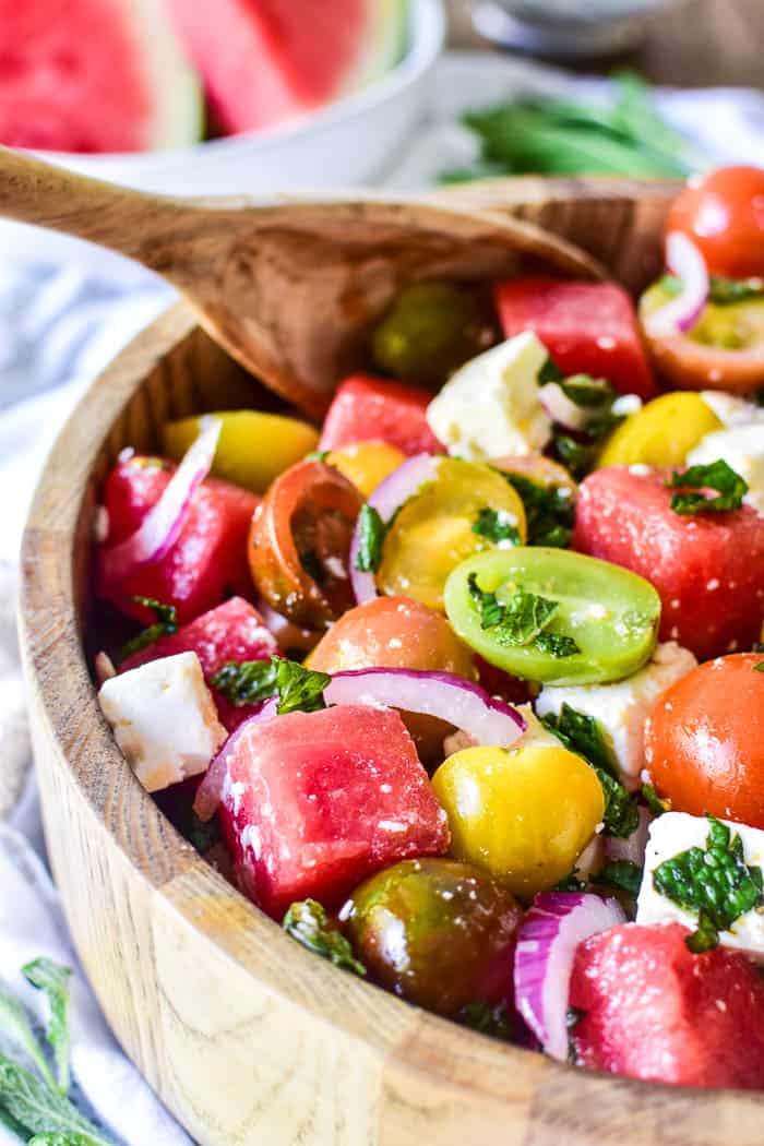 Watermelon Feta Salad with serving spoon