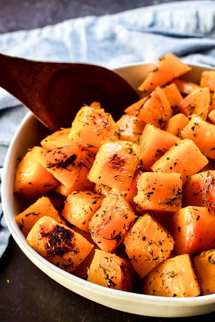 Close up of Roasted Butternut Squash in bowl