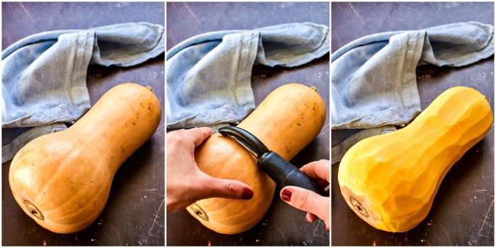Process shots of how to peel butternut squash