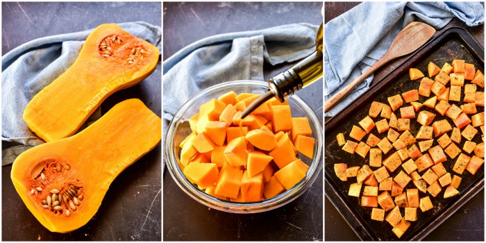 Process shots of cutting and seasoning butternut squash