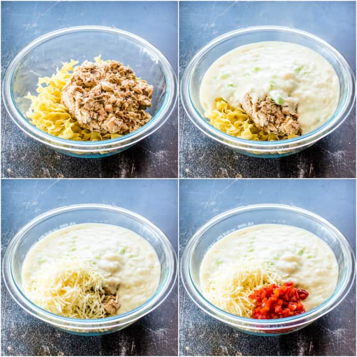 Tuna Casserole ingredients in mixing bowl