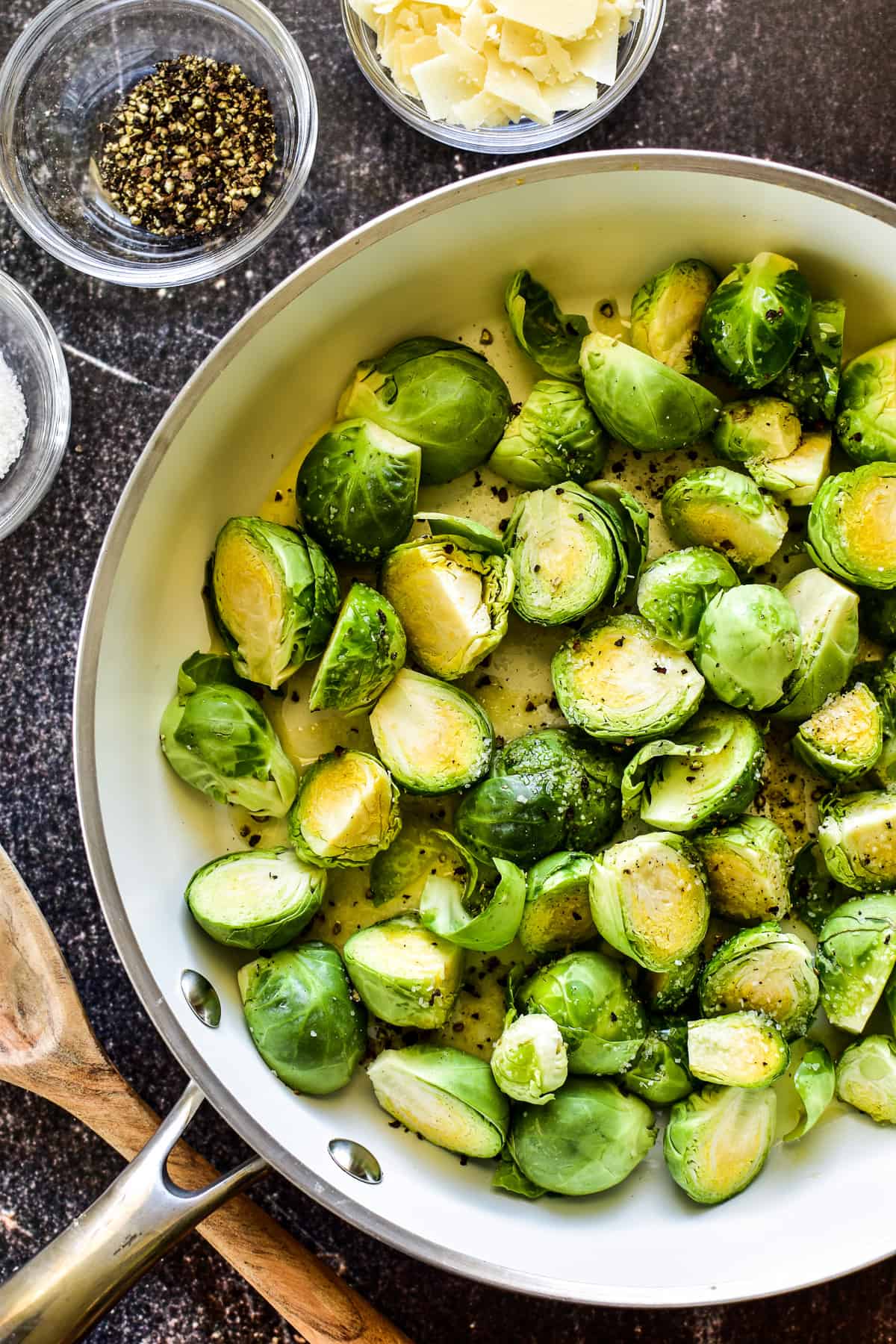Sauteed Brussel Sprouts ingredients combined in skillet