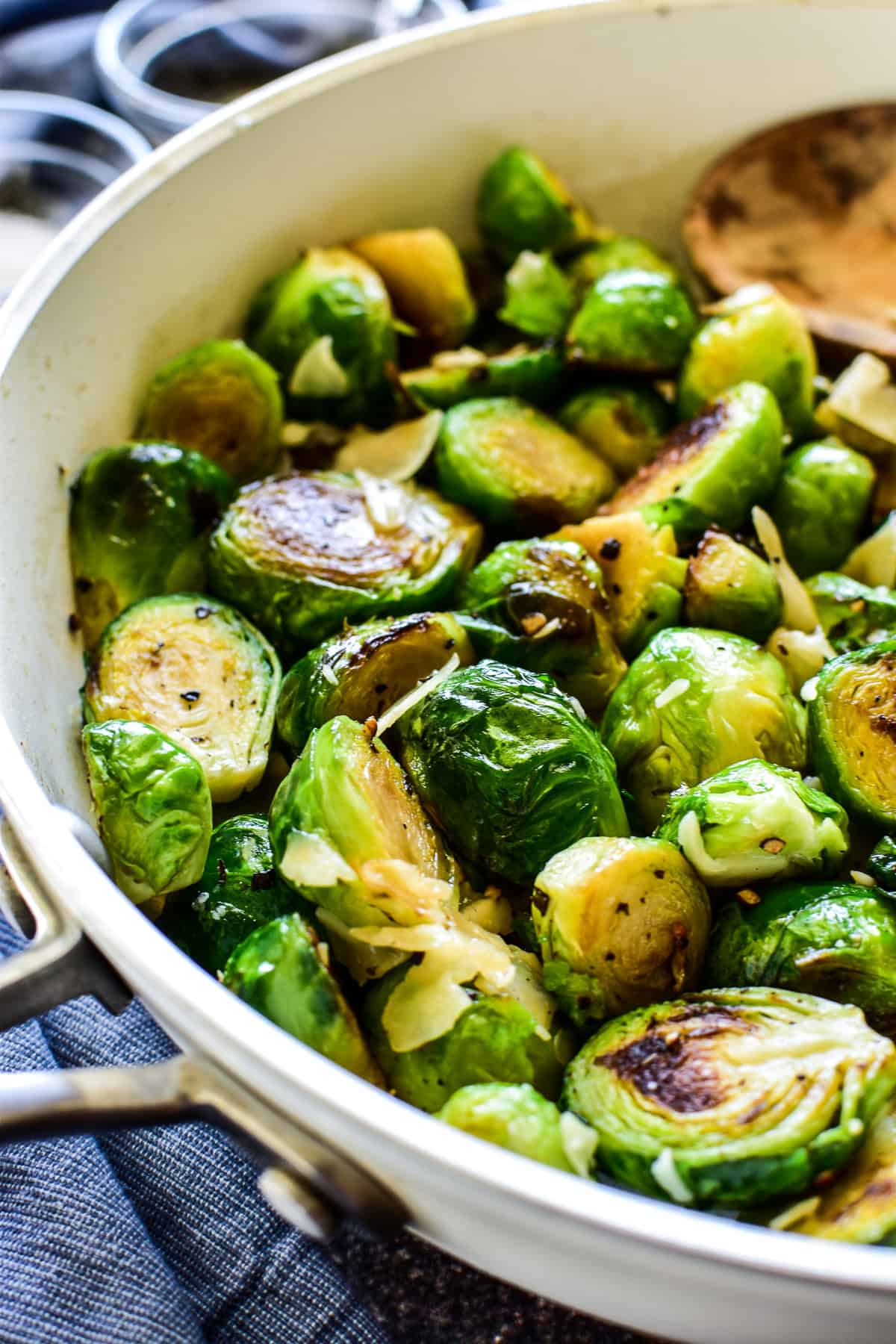 Sauteed brussel sprouts in skillet