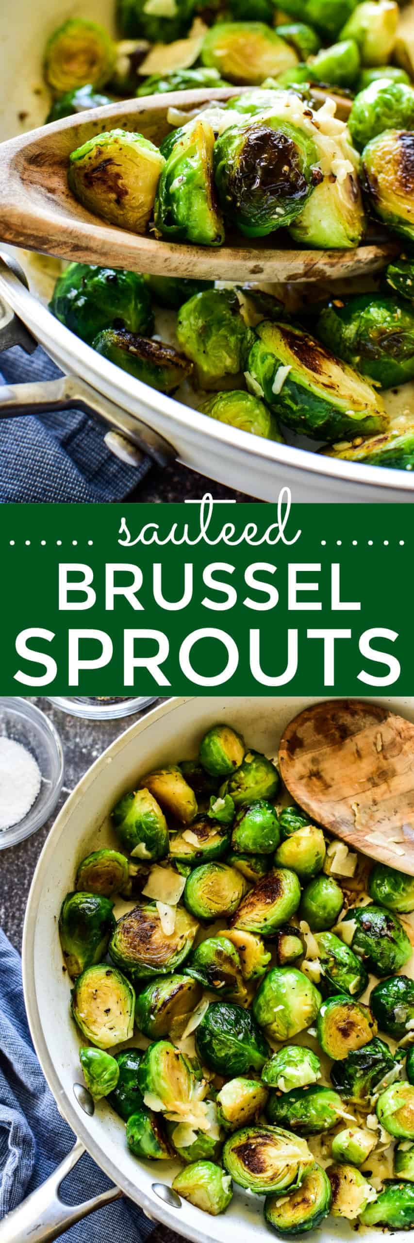 Collage image of brussel sprouts on spoon and in skillet