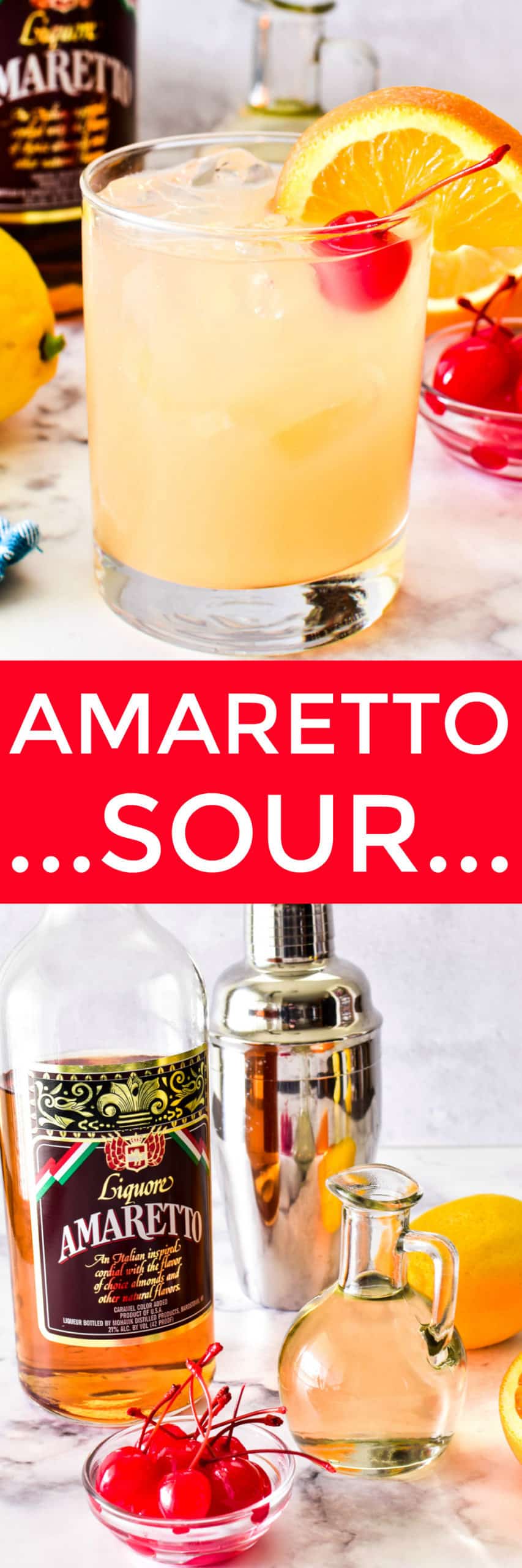 Collage image of Amaretto Sour with ingredients