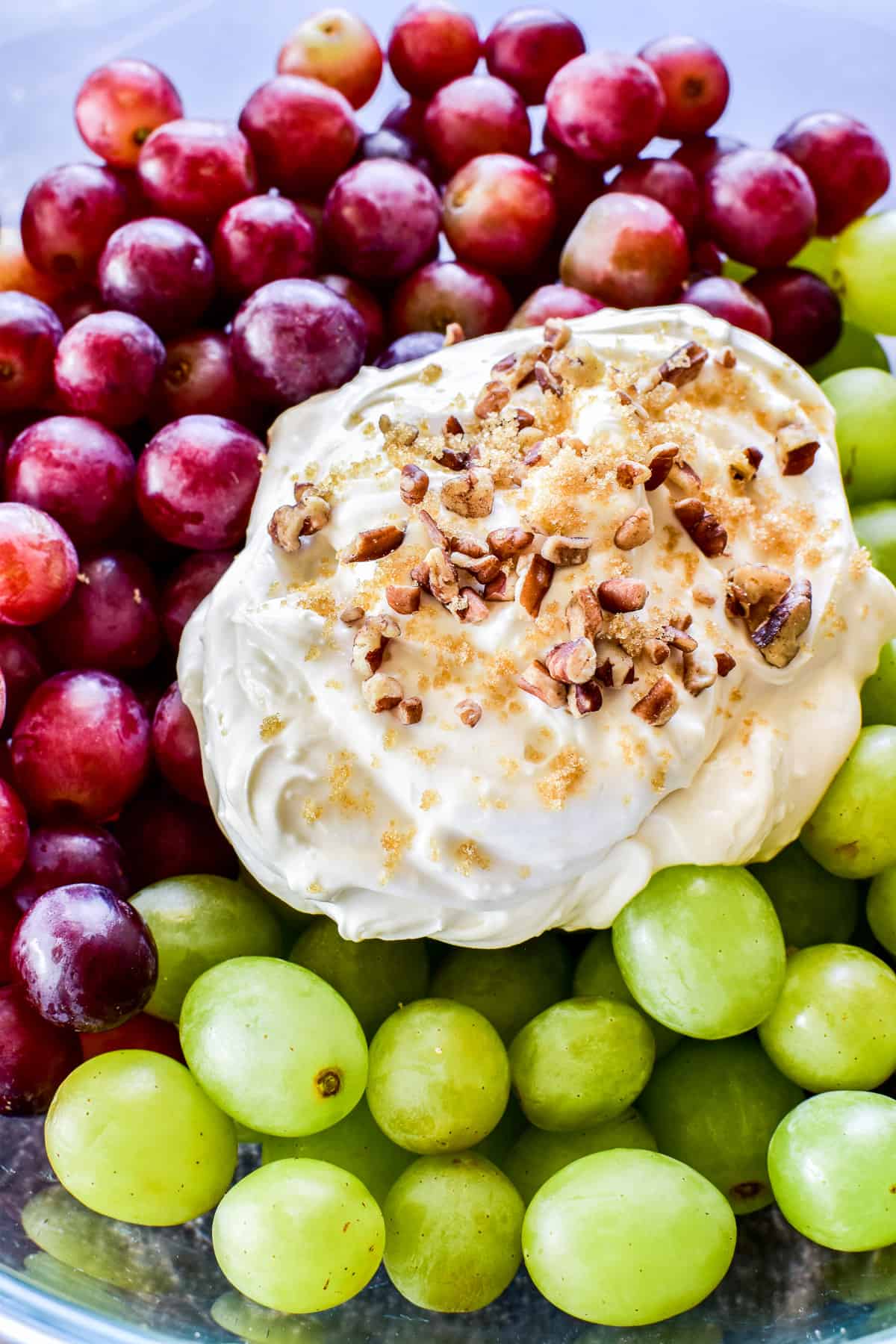 Close up of Grape Salad ingredients in mixing bowl