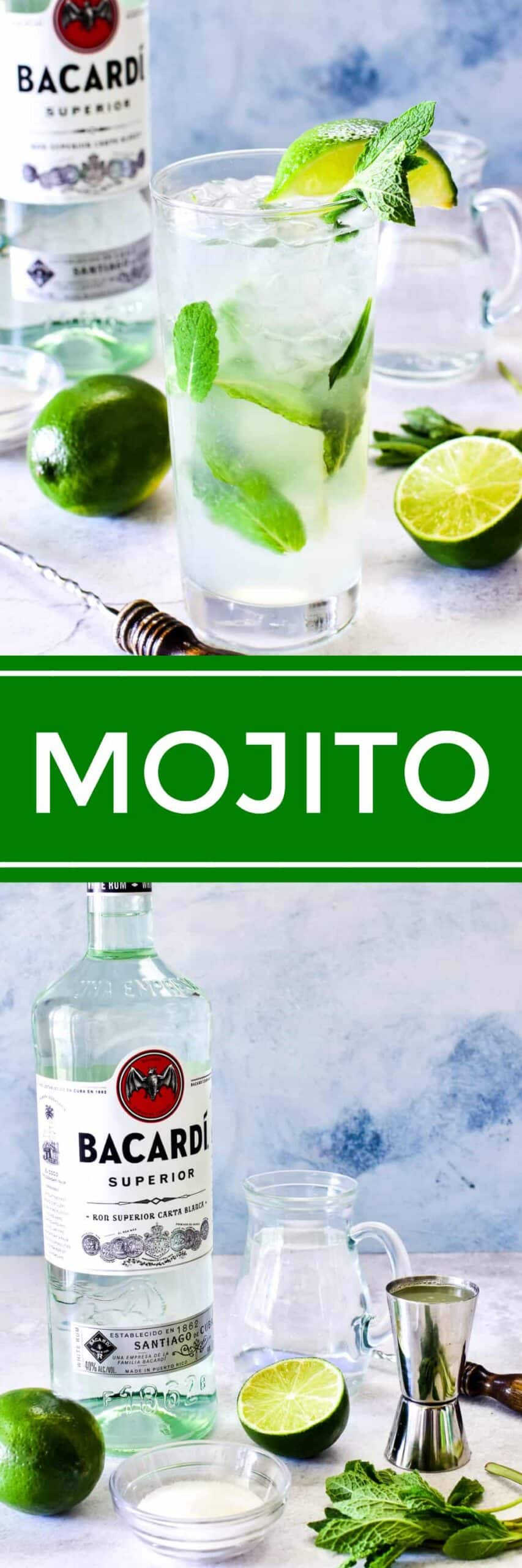 Collage image of Mojito ingredients and assembled drink